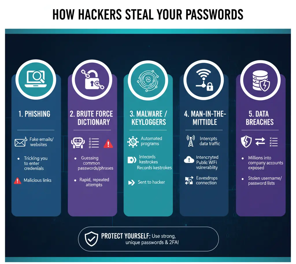 Infographic showing how hackers steal passwords and how to prevent it