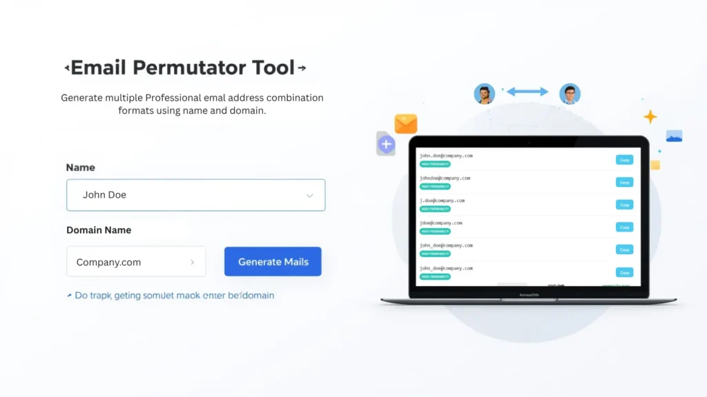 Email Permutator Tool generating multiple professional email address combinations based on name and domain.