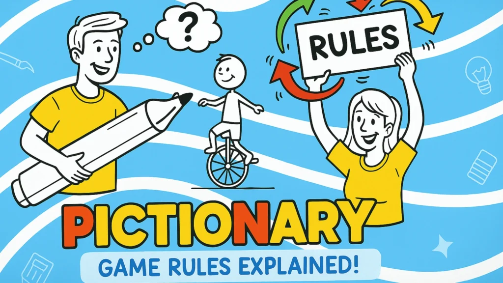 Players drawing and guessing words while playing Pictionary game according to the official rules.