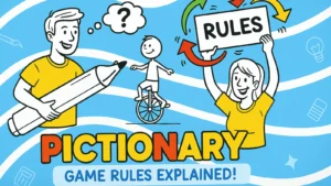 Players drawing and guessing words while playing Pictionary game according to the official rules.